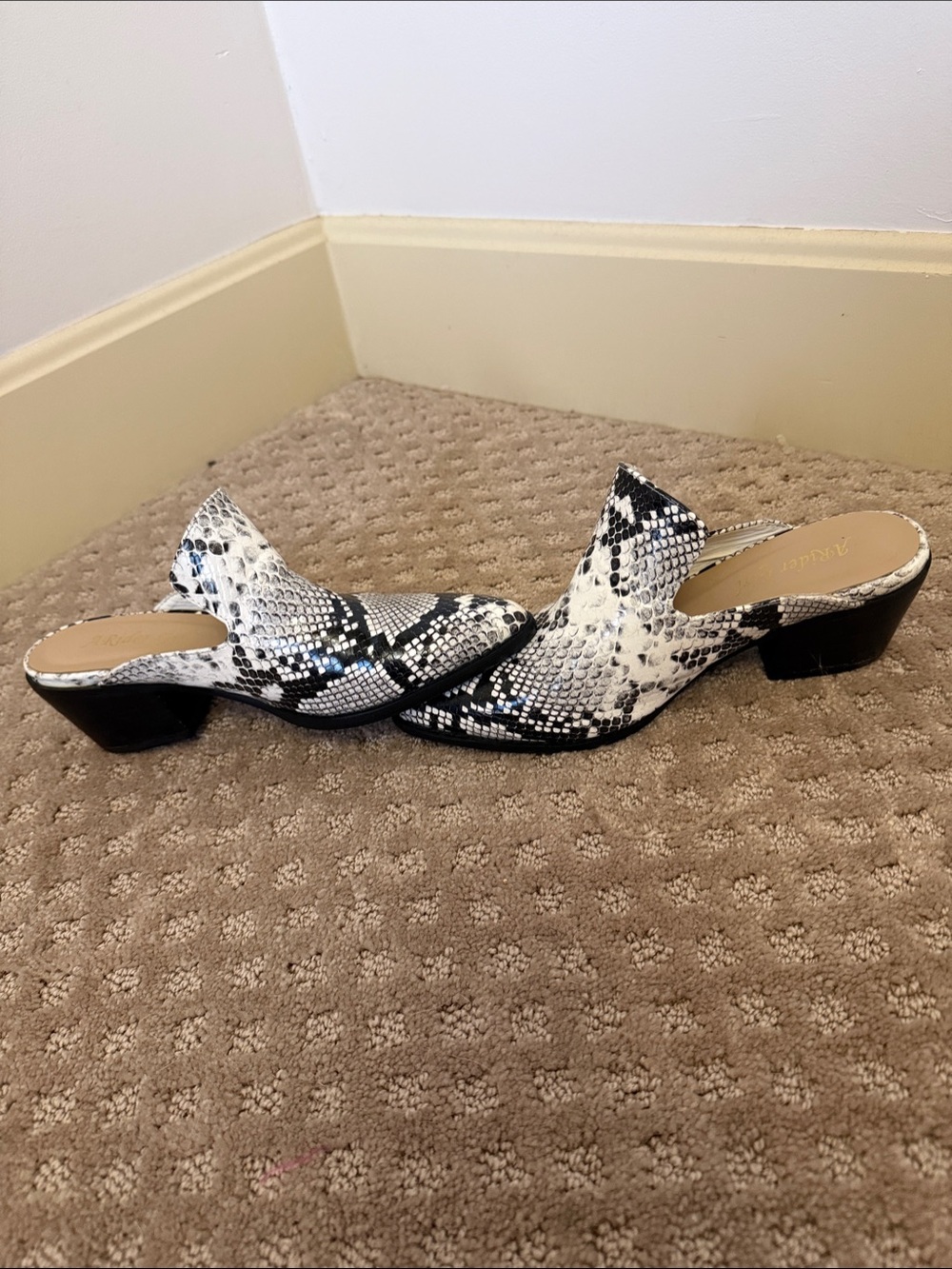 Snake-Print Slip-On Mules in Black & White